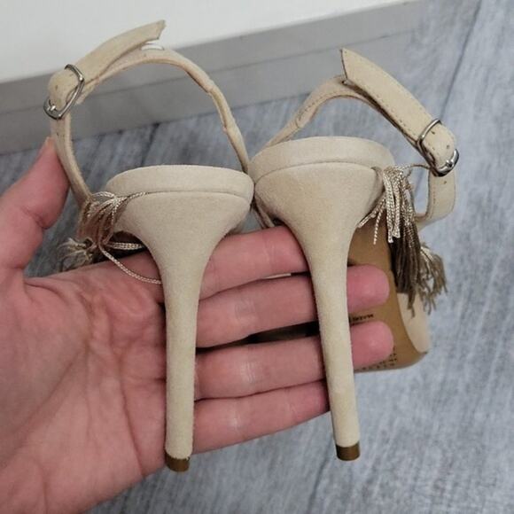 Maison Margiela Fringed Crepe & Suede Slingback Peep Toe Stiletto Pumps NEW 37 - Picture 6 of 11